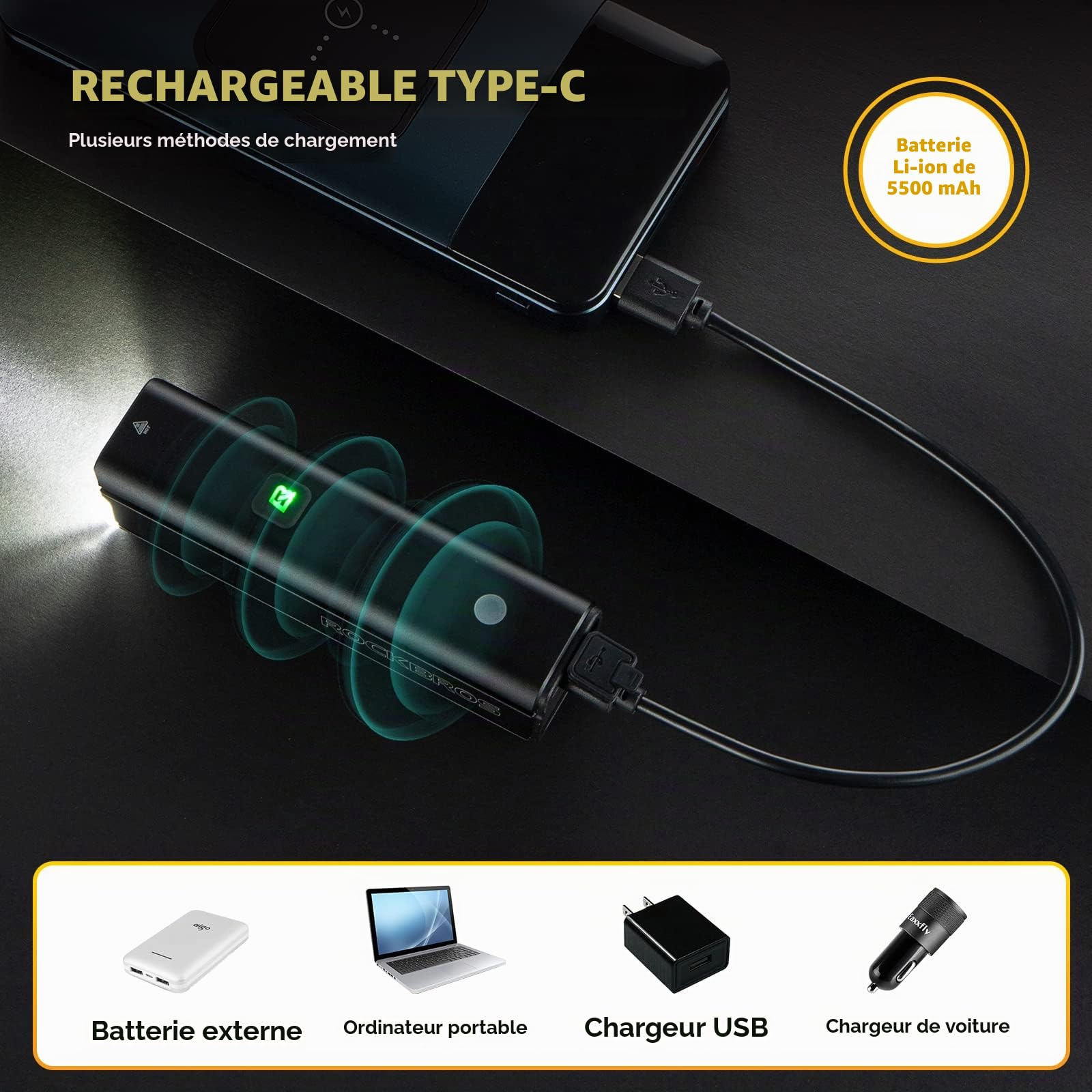 ROCKBROS Set de Lumière Vélo Avant et Arrière 1500 Lumens Intelligente, Lampe Vélo Avant à LED Puissante 5500mAh, Éclairage Vélo VTT Avant Rechargeable USB-C 5 Modes IPX6 Étanche