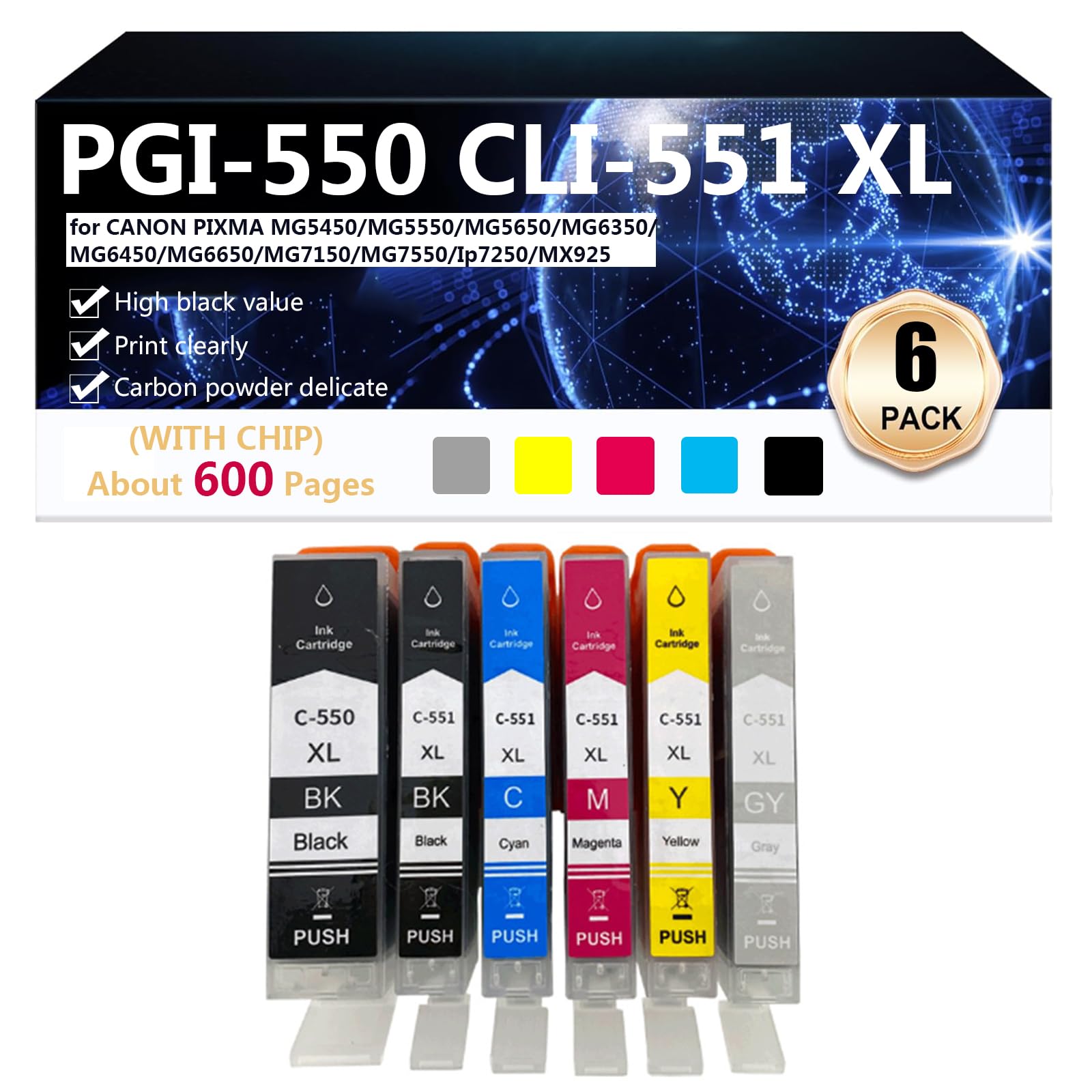 Cartucce D'inchiostro Compatibili per 550BK 551BK C M Y GY per CANON PIXMA MG5450 MG5550 MG5650 MG6350 MG6450 MG6650 MG7150 MG7550 Stampante Cartucce D'inchiostro ad alta Resa, 600 Pagine,1 set