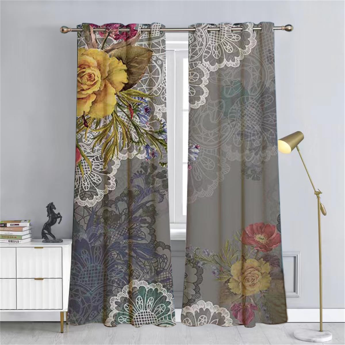 Koudi Boho Floral Flower Blackout Curtains Grey Peony Vintage Window Curtain Drapes for Women Girls Bedroom Living Room Dining Room Darkening Curtains 2 Panels, 52x84 Inch