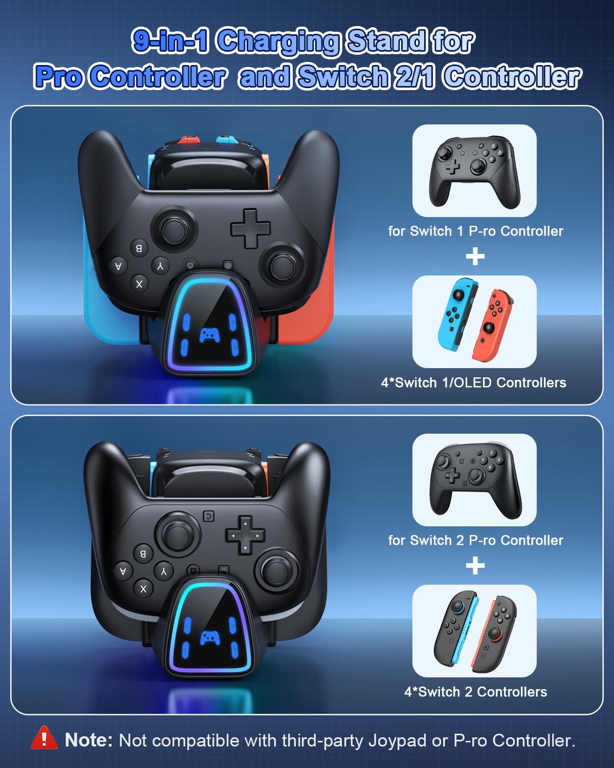 [para Switch 2/1] 9 en 1 Controller estación de carga para Joy Con 2/1 y para Pro Controller 2/1, cargador rápido para Nintendo Switch 2/Switch 1/OLED/P-ro accesorios con luces RGB