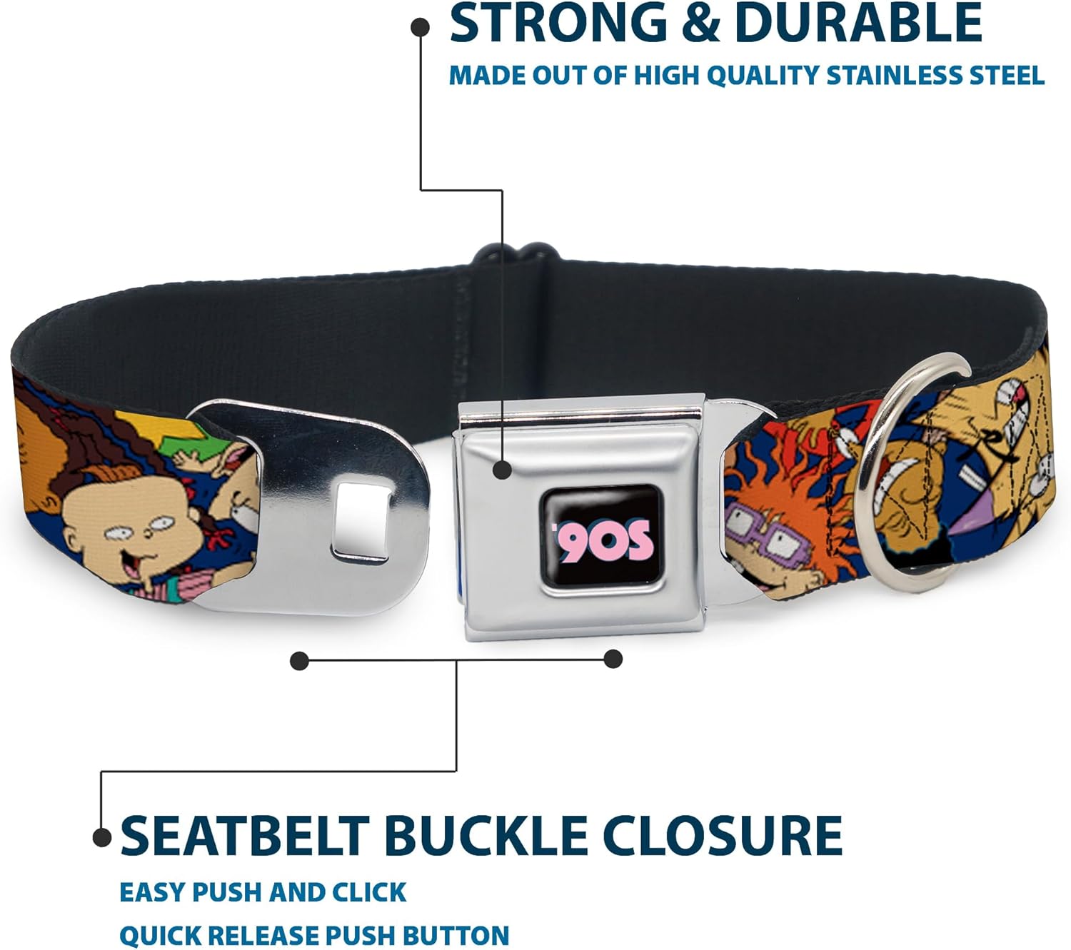 Dog Collar Seatbelt Buckle Nick 90s Rewind 16 Character Poses Navy Blue 15 to 26 Inches 1.0 Inch Wide