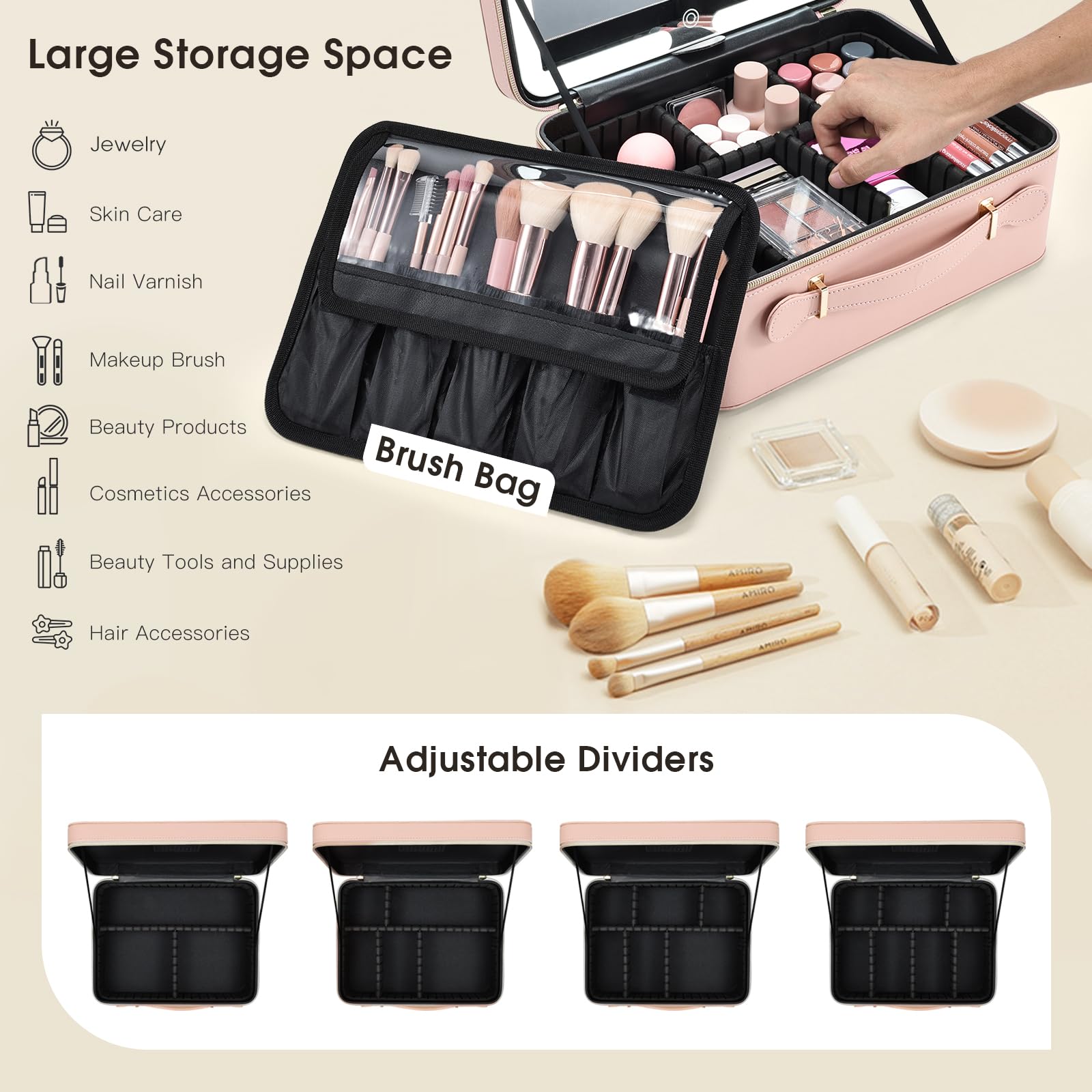 Grande trousse de maquillage avec miroir LED - Miroir lumineux amovible - En cuir synthétique - Portable - Boîte de transport avec séparateurs et porte-pinceaux de maquillage, rose, Classique