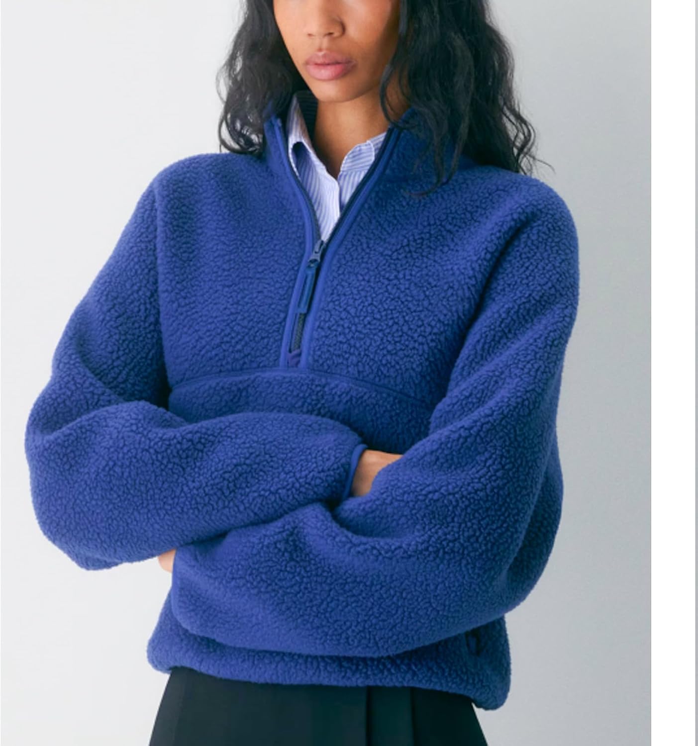 Womens Fleece Sweatshirts Cropped Half Zip Fuzzy Warm Sherpa Pullover Varsity Jackets with Zipper Pockets