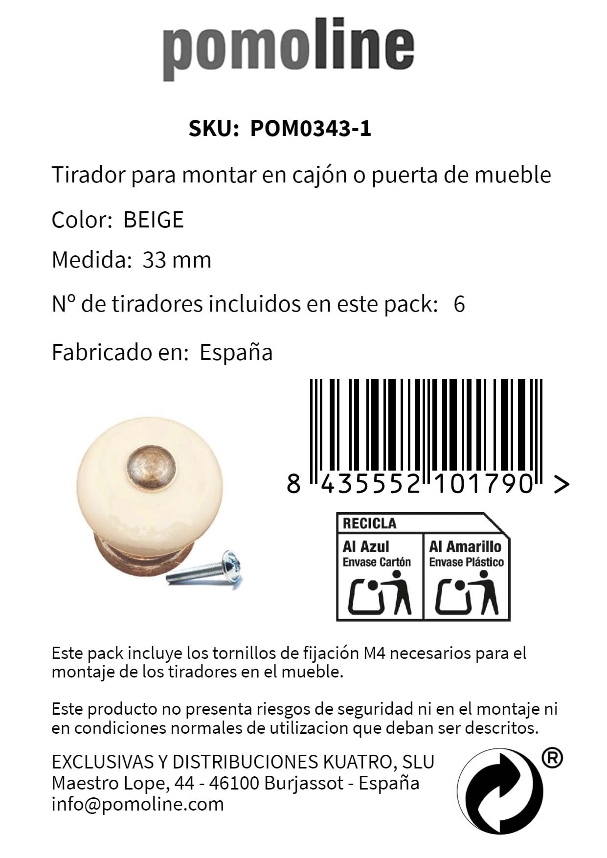 6 Un. TIRADOR Pomo Mueble Porcelana crema con herraje latón - Diámetro 35MM
