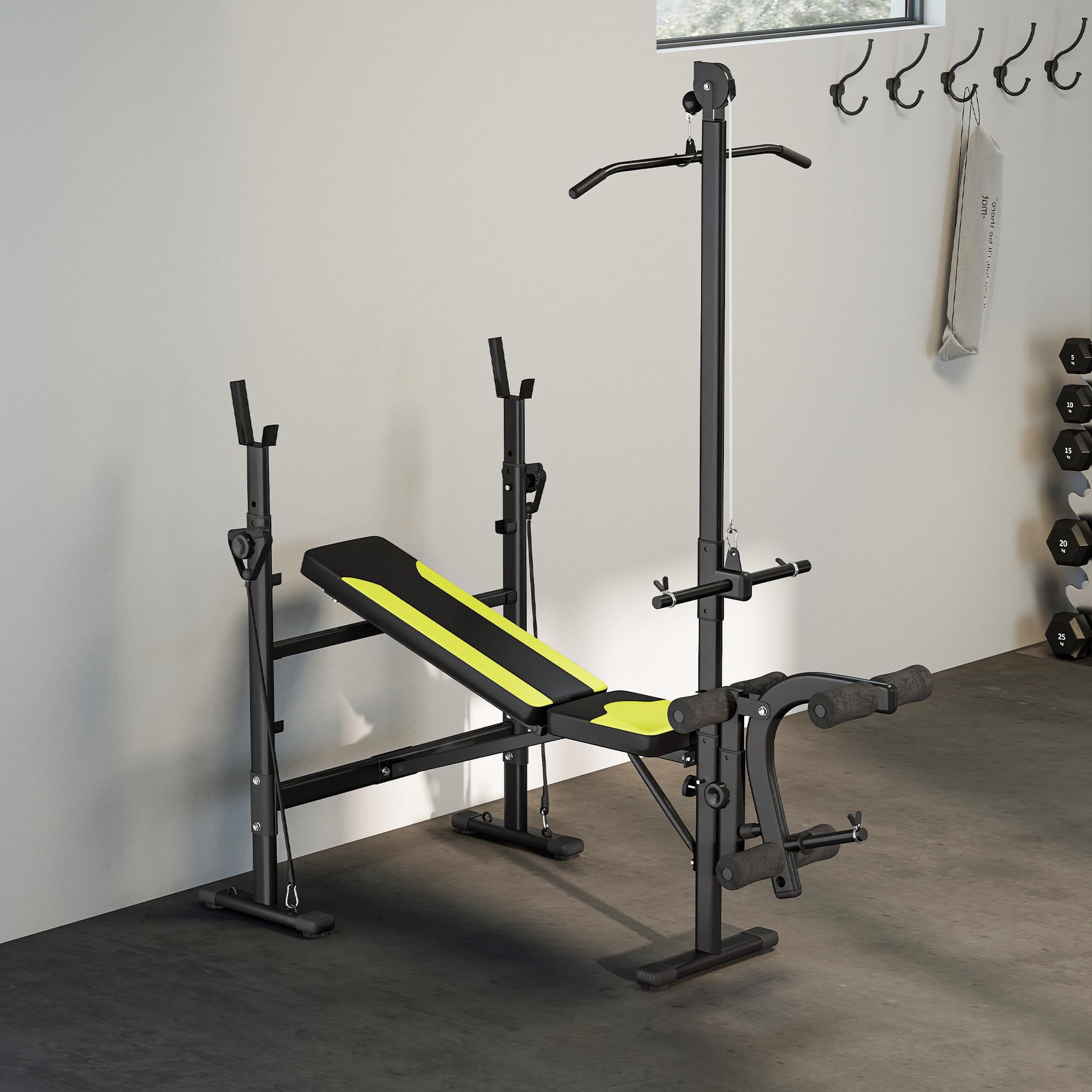 HOMCOM Banco de Pesas Multifuncional Banco de Musculación Reclinable con Altura Ajustable para Fitness Entrenamiento Completo en Gimnasio y Casa Carga 250 kg 175x110x202 cm Negro