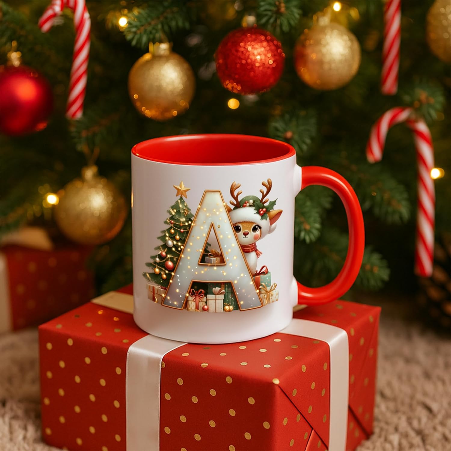 Personalized Christmas Initial Mug – Custom Letter A–Z Monogram, Add Name/Date | 11 ounces Ceramic, Dishwasher & Microwave Safe, Bulk/Wholesale (Red) - Image 4