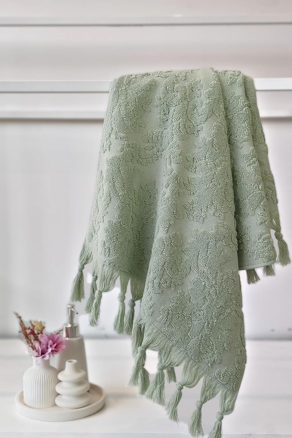 Hand Towel Authentic Fringed - 100% Cotton - Light Green - Soft and Absorbent - 20x33 Inches - Light Green, One Size