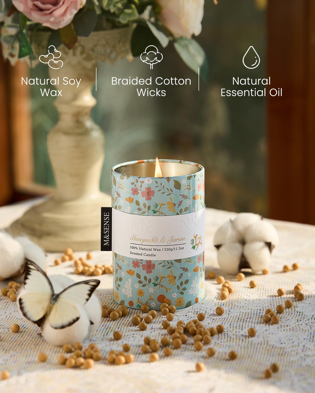 M&SENSE Honeysuckle Jasmine Soy Aromatherapy Scented Candles Gifts for Women 320g 60H Organic Jar Candle Gifts for Men Non Toxic Floral Candles for Spring Holiday Romantic Evenings Relaxation - Image 3