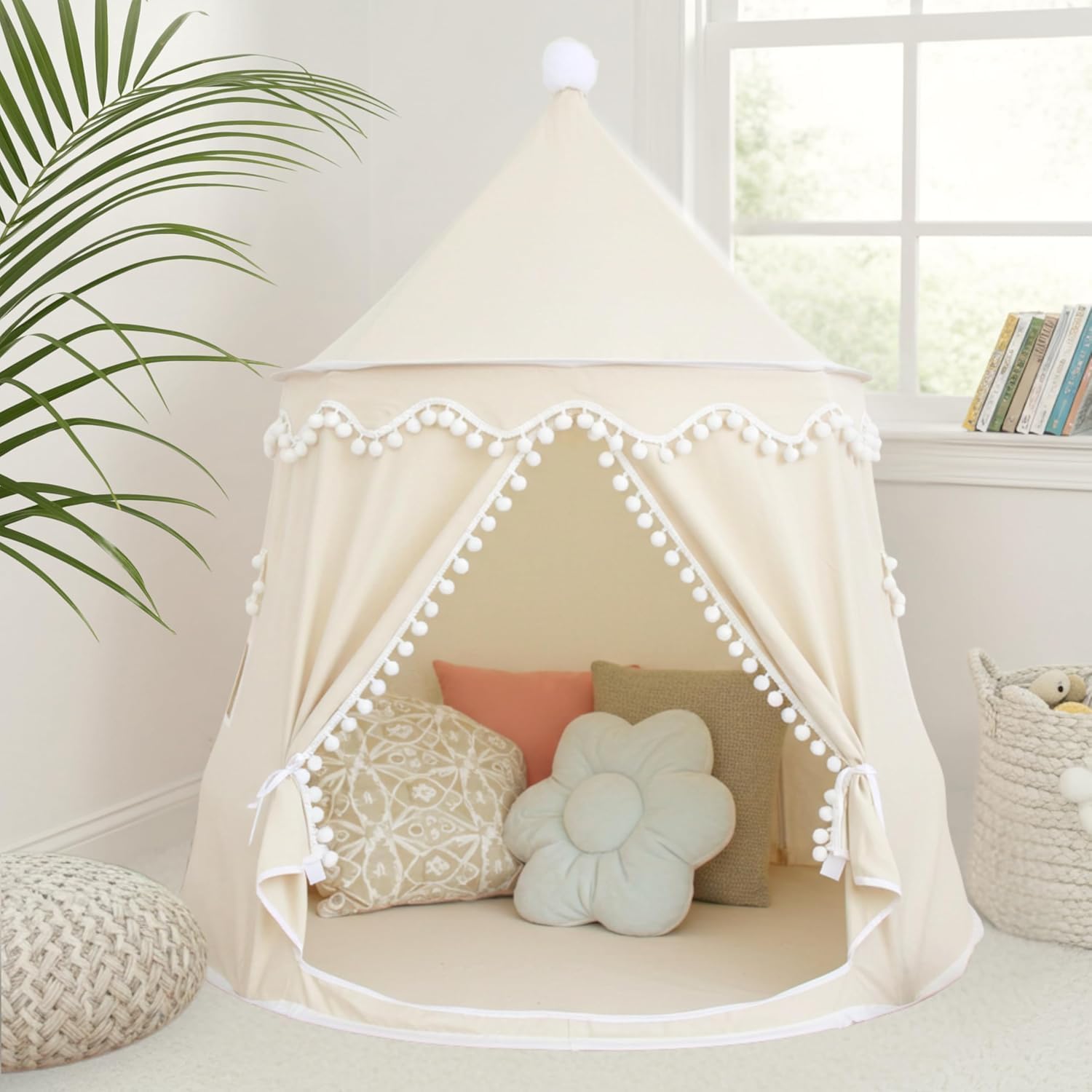 Playhouse Tent for Kid, Breathable Cotton & Hemp Princess Lock with Fiberglass rods and Carrying Bag ，Gift for Children (Light Biege Tent)