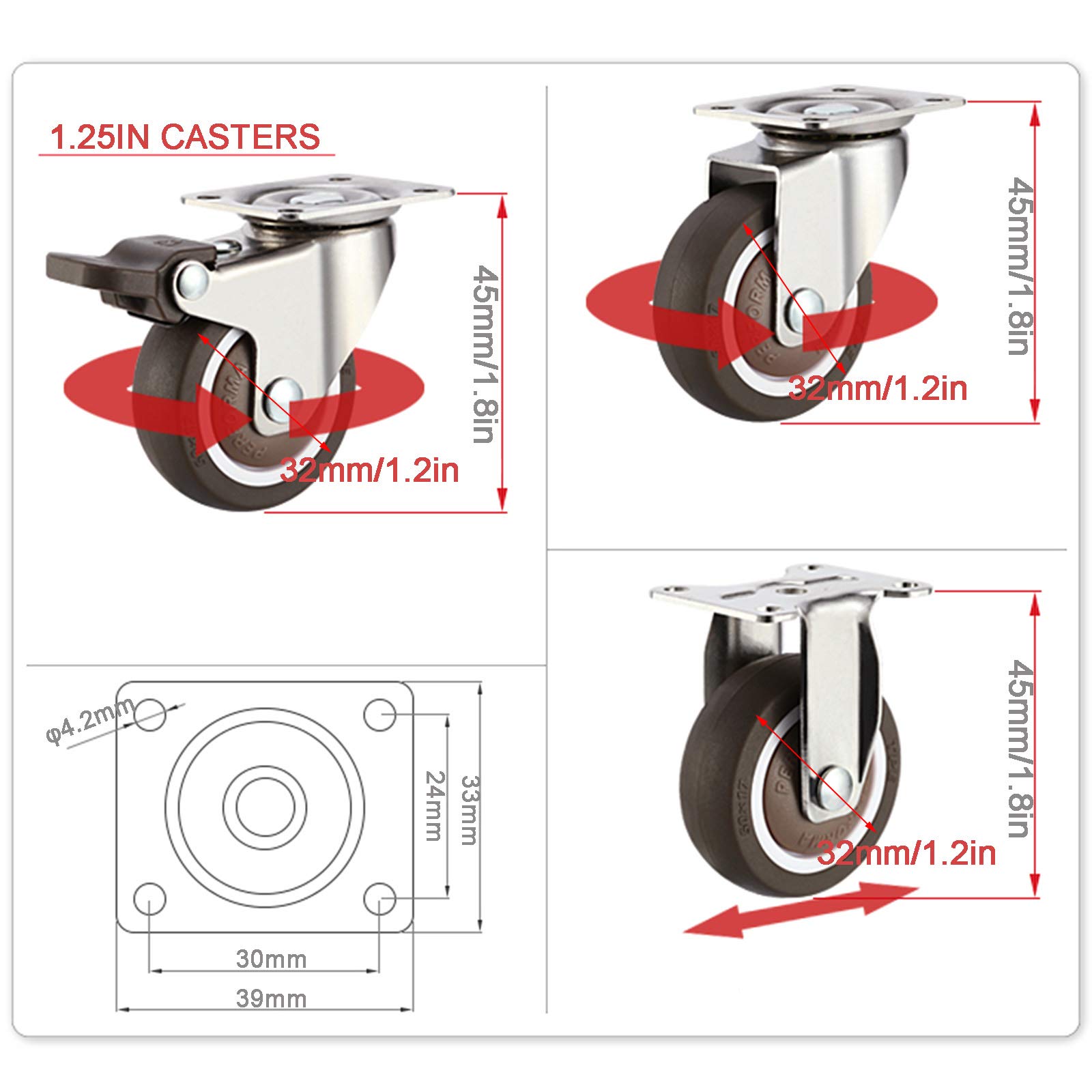Ruedas giratorias, Ruedas for muebles con frenos giratorias 1-2 pulgadas 200 kg 4 piezas(Fixed+brake,1.25In)