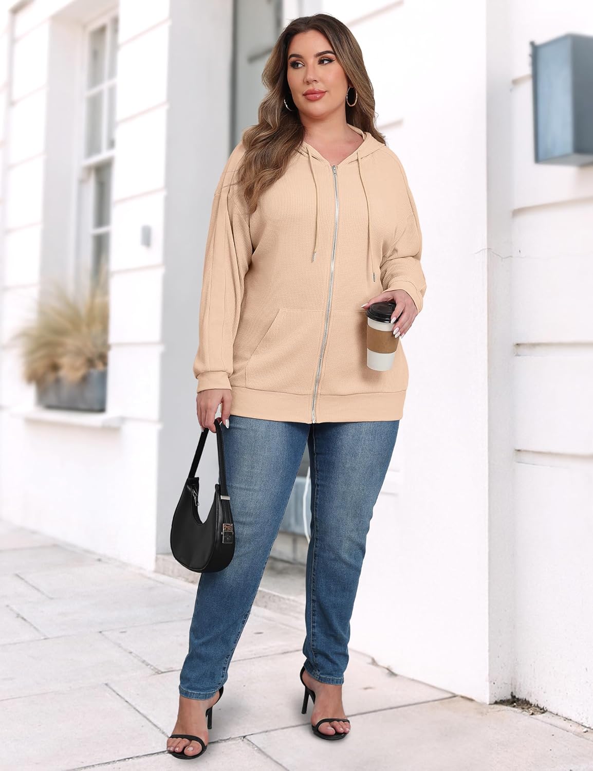 FOREYOND Plus Size Zip Up Hoodies for Women Long Sleeve Lightweight Waffle Jacket Casual Hooded Sweatshirt with Pockets - Image 5