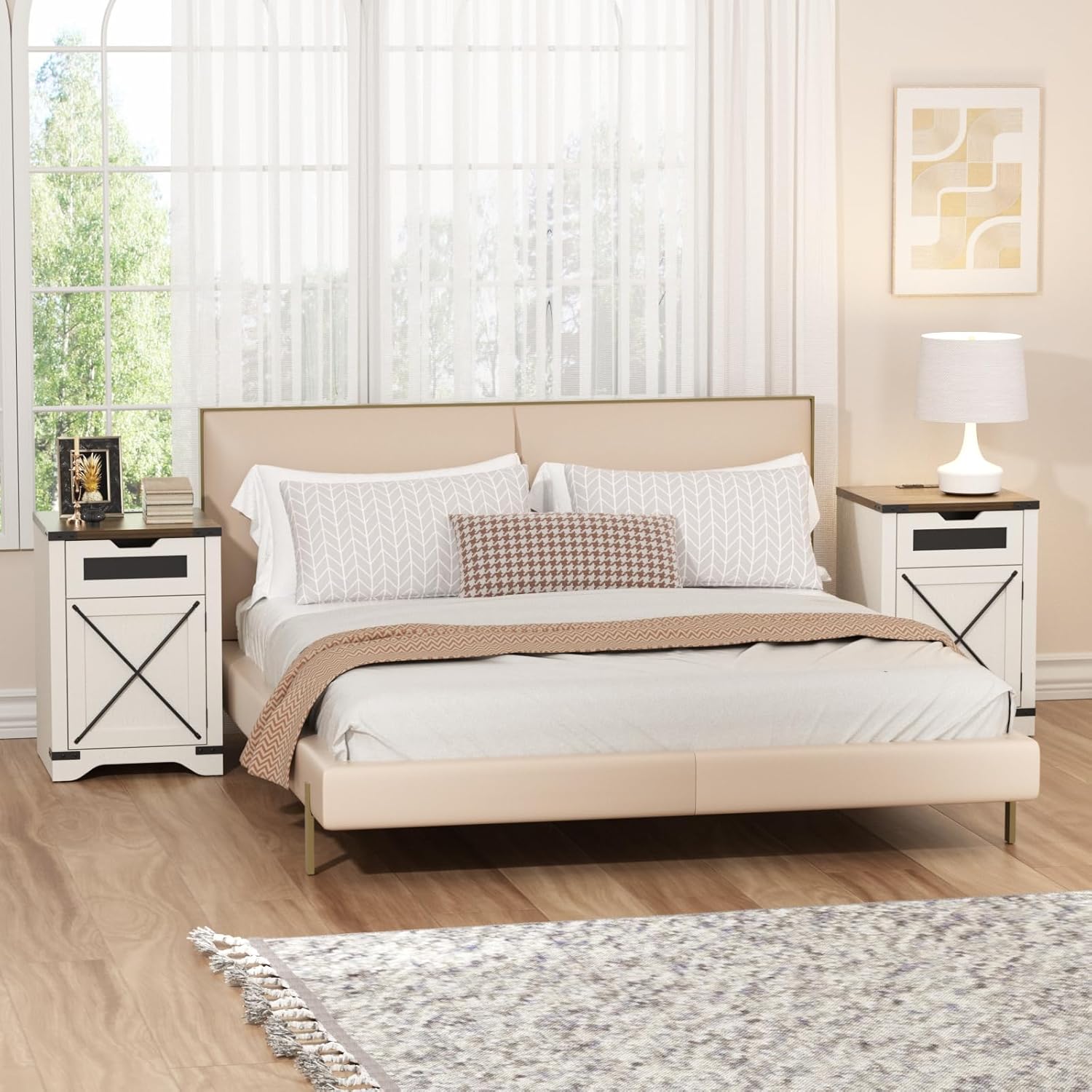FiveWillowise Farmhouse End Table with Charging Station, 26.4" Tall Rustic Nightstand with Drawer and X Barn Door, Antique White Country Bedside Sofa Side Table for Living Room