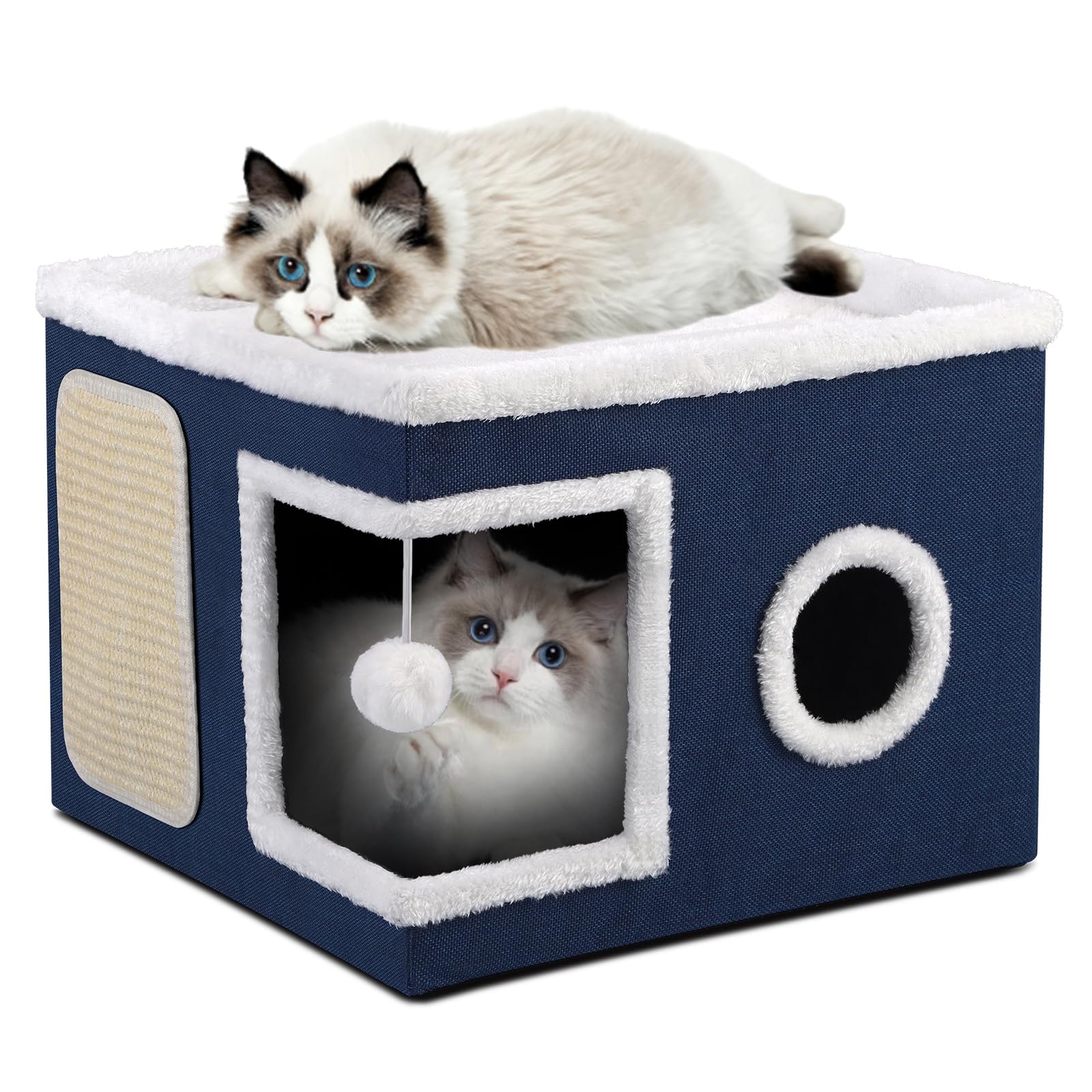 Letti pieghevoli per gatti da interno, 43 x 43 x 32 cm, grande cuccia per gatti con accogliente cuccia, palla sospesa, finestra rotonda, cubo per gatti a 2 livelli con morbidi cuscini bifacciali, Blu