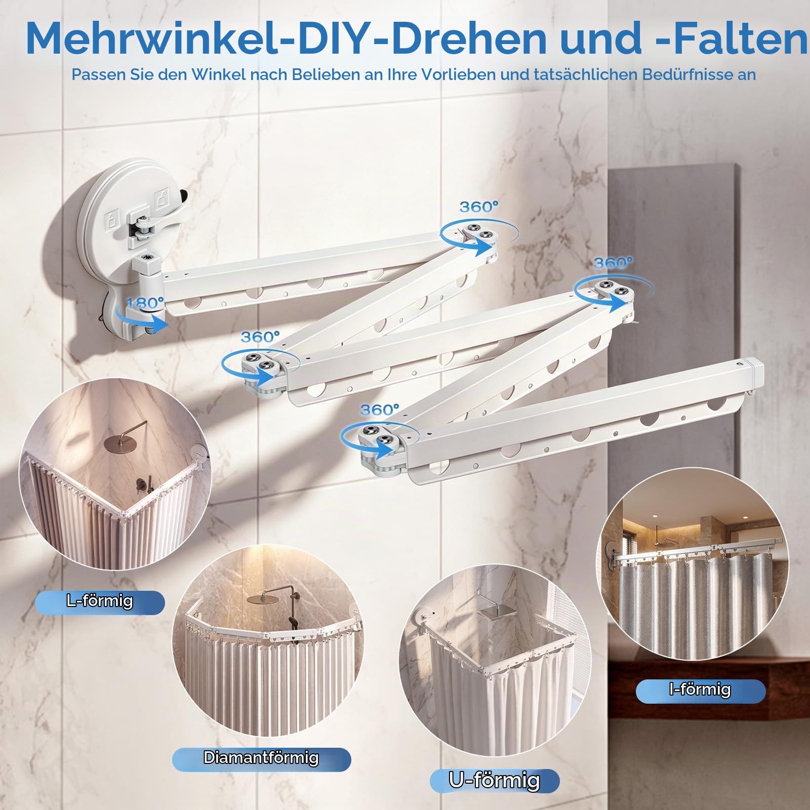 Duschvorhangstange Ohne Bohren, 2M Faltbare Duschstange mit 2 Starker Saugnäpfen, L/U Form Zusammenklappbar, Aluminium Duschstange für Badezimmer, Badewanne & Wäscheständer (Ohne Duschvorhang)