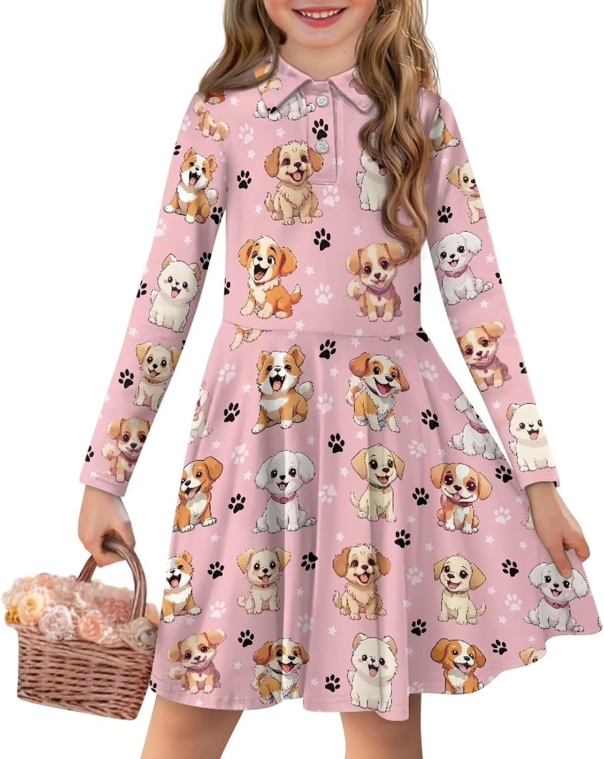 Puppy Dog Dresses for Girls 9T-10T Long Sleeve Knee Length Dresses Kids Fall Party Dresses A Line Swing Twirly Skater Tunic Dresses Casual Flowy Dresses School Uniform