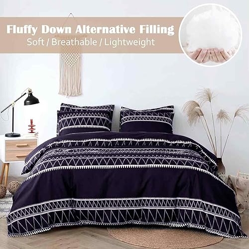 Miniatura 2 de Nanko Juego de edredón de tamaño Queen, color negro, morado, bohemio, geométrico, estampado a rayas, suave, reversible, de plumón alternativo, juego