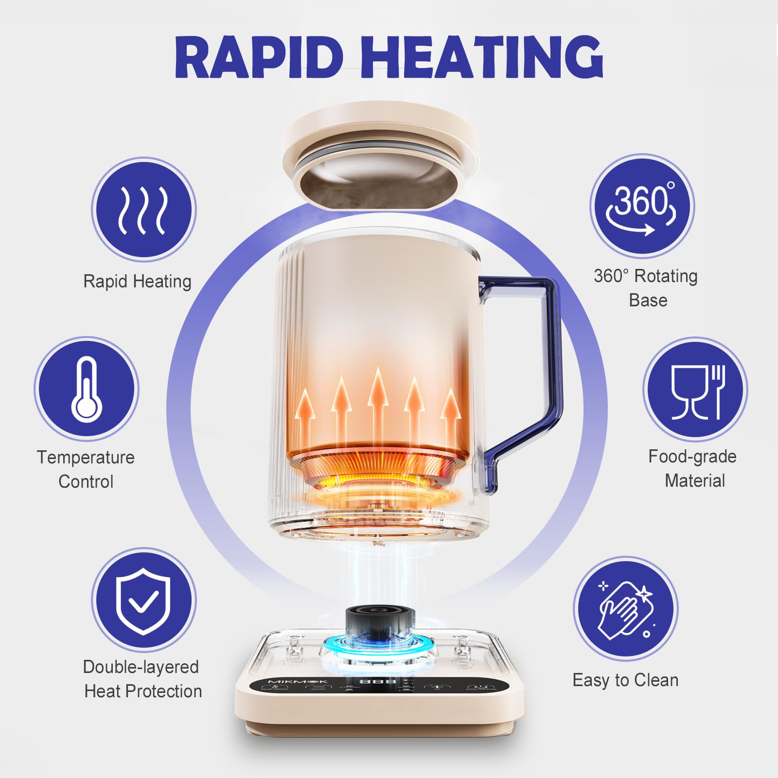 MIKMOK Taza calentadora eléctrica 400ml 300W Acero 304 | Temp. regulable 40–100 °C, display LED, mantiene calor 4h, compacta para oficina y residencias
