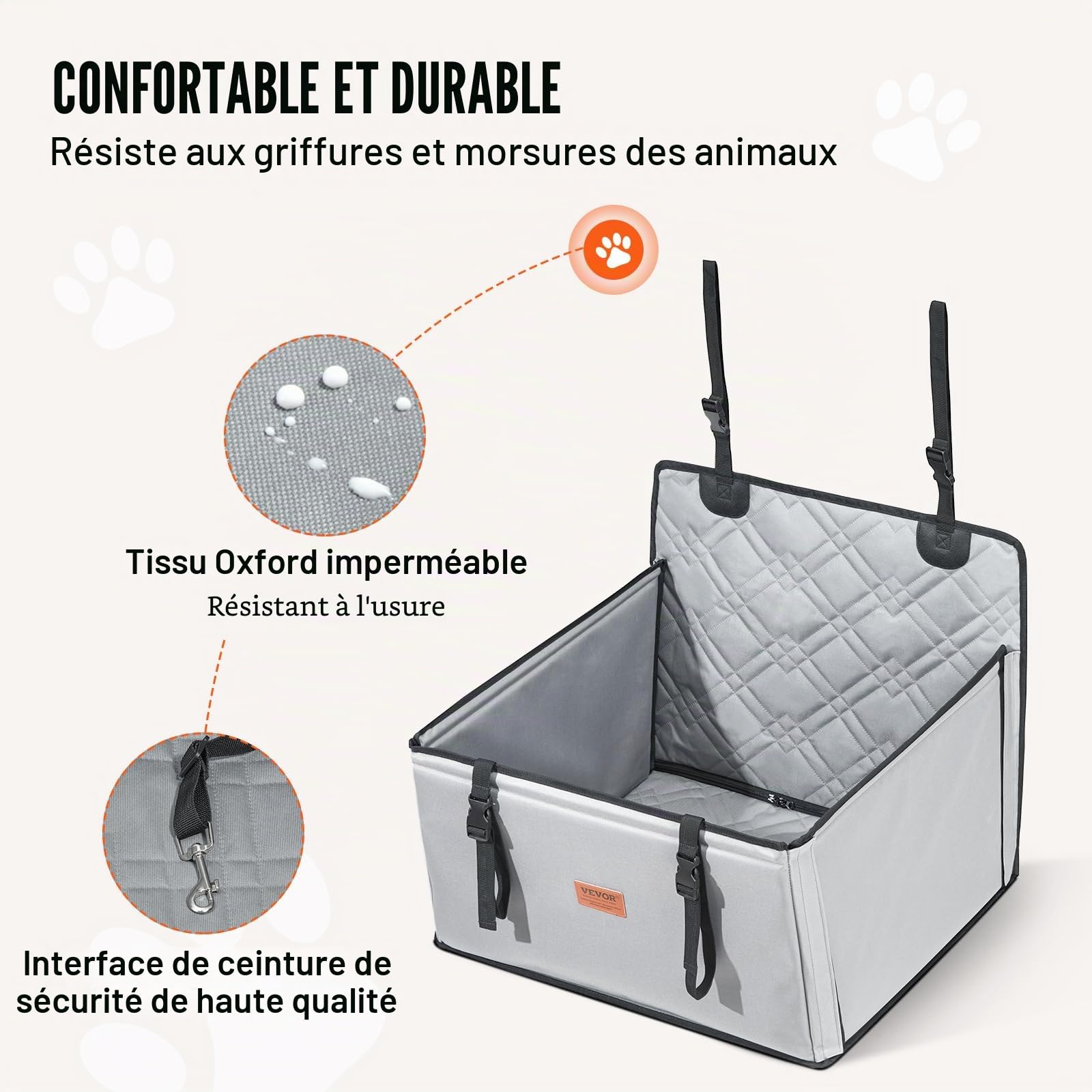 VEVOR Siège d'auto pour Chiens Petits Moyens Grands 18 kg, siège rehausseur imperméable pour Chien, avec Cadre de Support, Laisse de sécurité à Clipser, lit de Voiture pour Animal de Compagnie, Gris