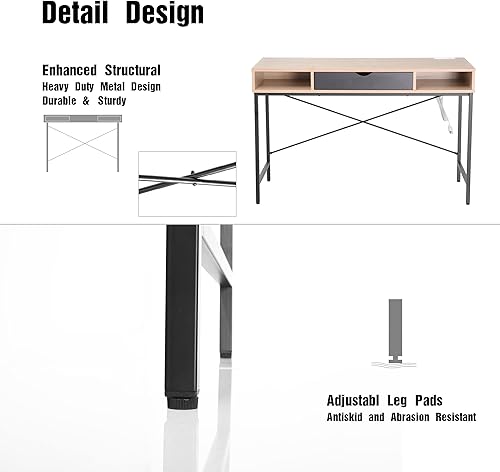 Miniatura 5 de JJS Escritorio de 48 pies con toma de corriente, escritorio grande contemporáneo para oficina en casa, estación de trabajo para computadora portátil
