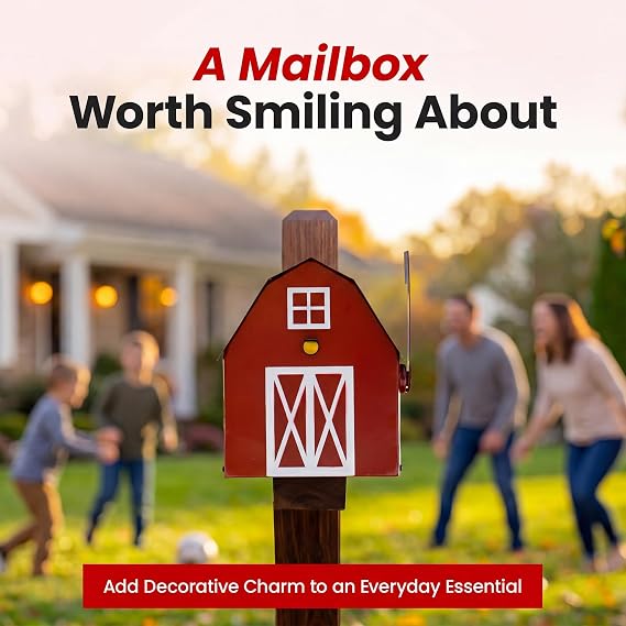 Made Easy Kit Metal Mailbox Animal Design - Fast Straight Forward Post Mounting Bracket Install - Durable All Weather Rust Resistant - Letters, Mail, Small Packages (Standard, Red Farm House)