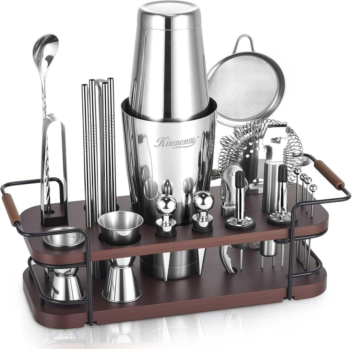 KITESSENSU Boston Shaker Set with Stand | Complete 24-Piece Bartender Cocktail Kit with All Bar Accessories