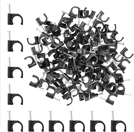 LAMXD Round Black Cable Clips, For Cables 7mm, Box of 100, Skirting