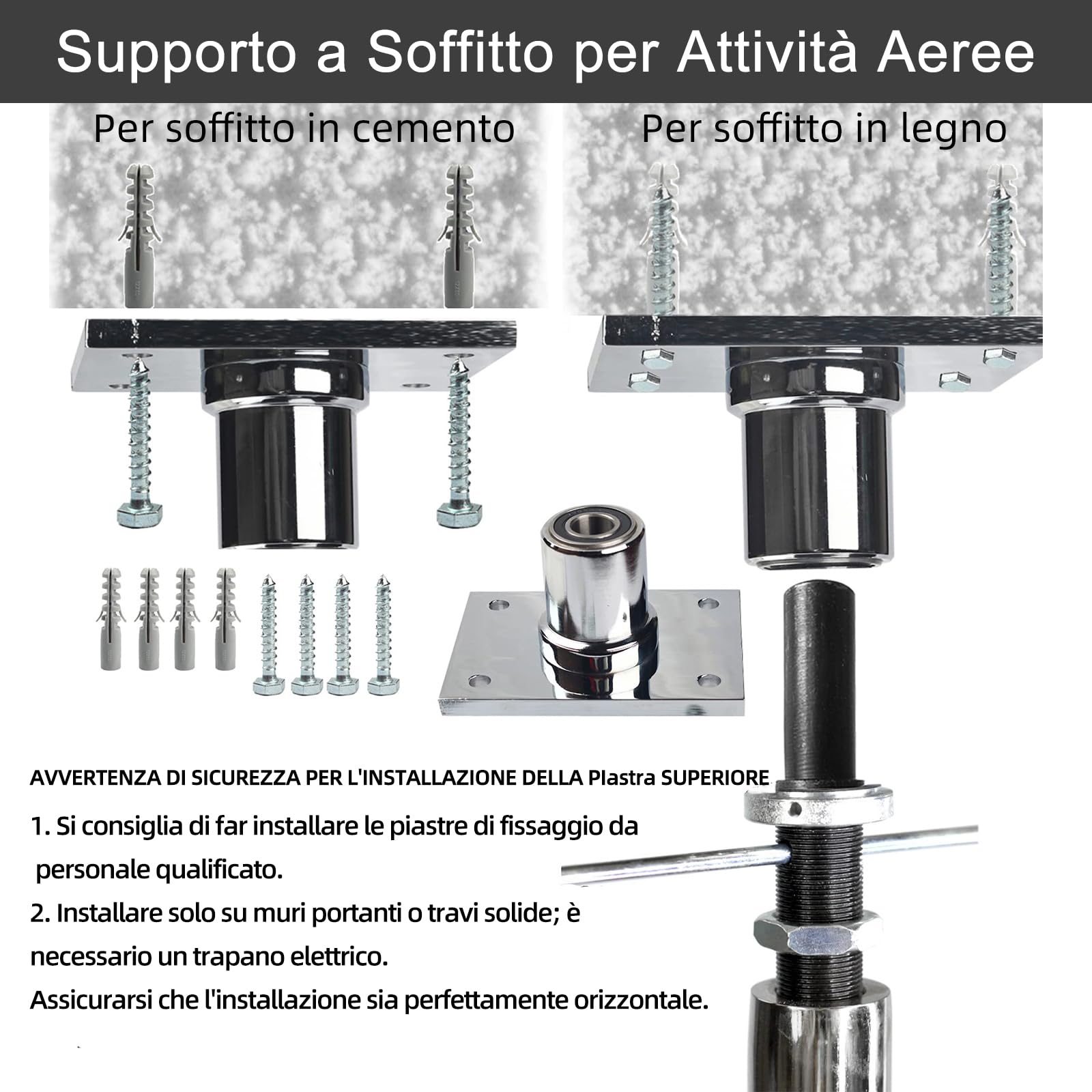 PRIOR FITNESS Supporto a soffitto per Asta da Danza, per aste girevoli 40mm(1,57in) e 45mm(1,77in). Piastra Fissa con tasselli per soffitti Cemento/Legno, Kit Montaggio per casa, Studio, palestre