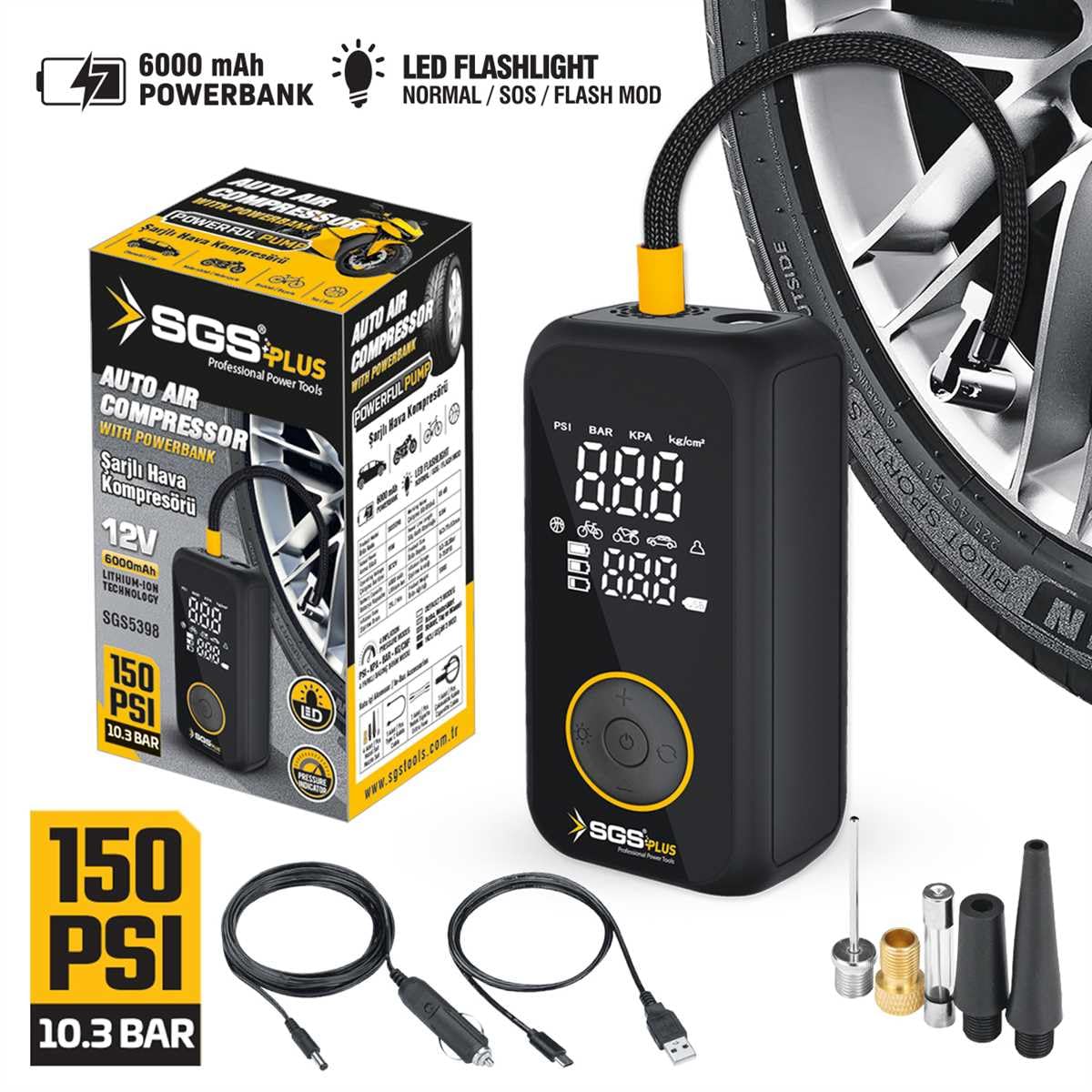 SGS Plus Şarjlı Hava Kompresörü, Dijital Ekran, 12V 6.0Ah Lithium-Ion Batarya, 6000mAh Powerbank, LED Fener, 150 PSI, Araba Motorsiklet Bisiklet için