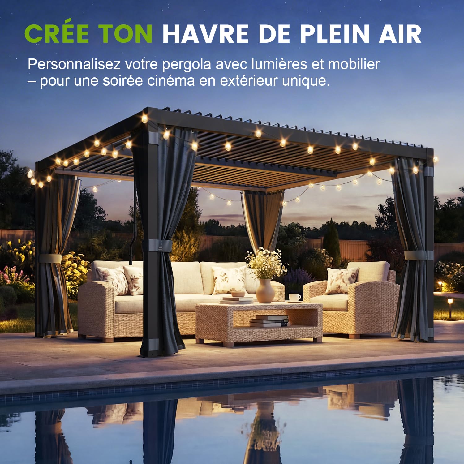 Pergola Bioclimatique 3x3 m, Pergola en Aluminium et Acier avec Toit à Lamelles Orientables, Tonnelle de Jardin avec Rideaux Étanches et Moustiquaires, Noir
