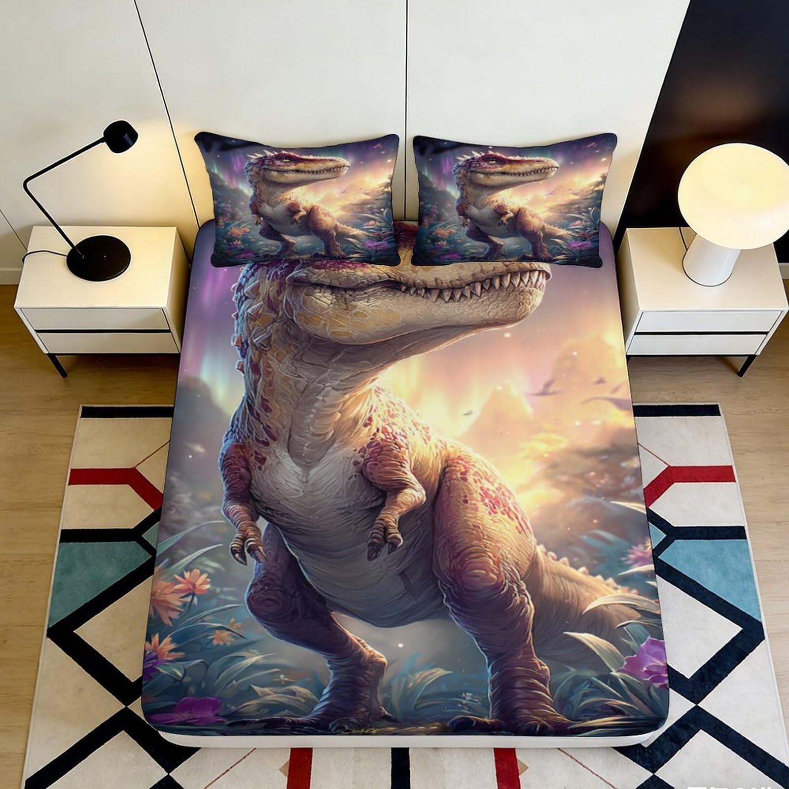 3D Printed Dinosaur Sunset Fitted Sheet Microfiber Soft Breathable Fantasy T-Rex Mattress Cover for Bedroom Dorm Decor 90x200x25cm