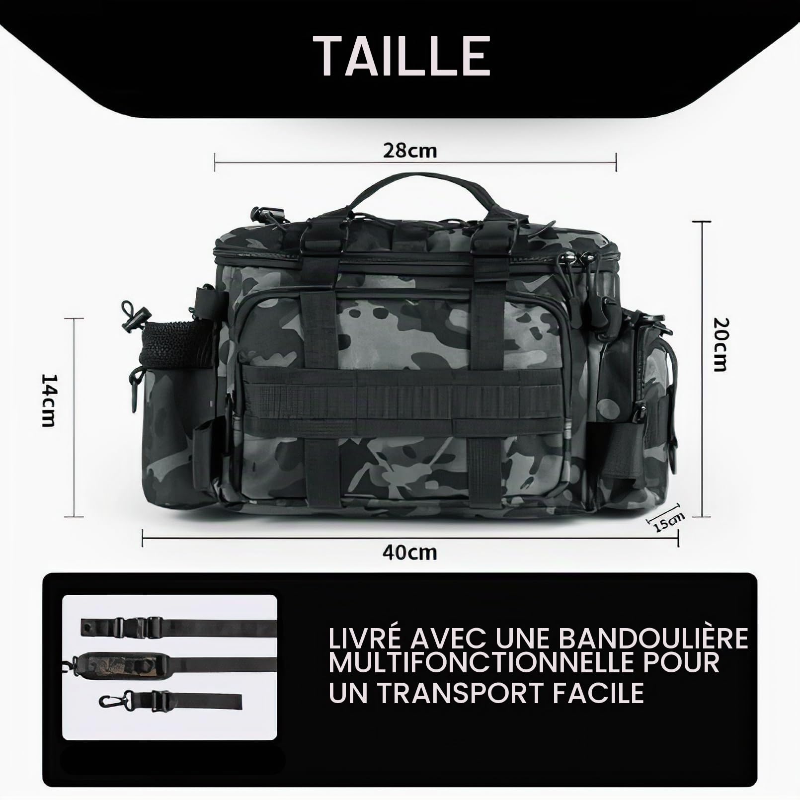Croch Sac de pêche - Sac de pêche étanche avec bandoulière - Sac de rangement multifonction pour matériel de pêche en plein air et accessoires, multicolore, gris camouflage