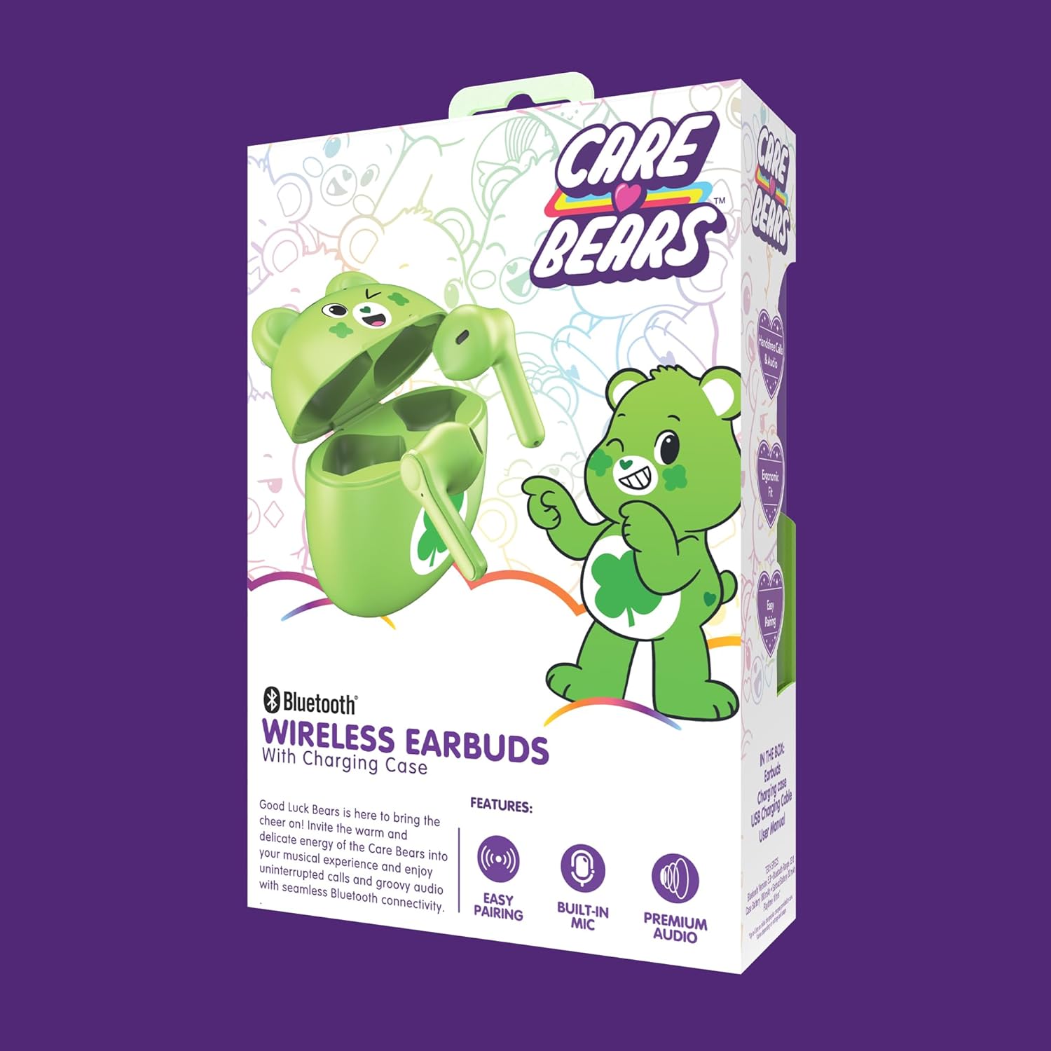 Care Bears Bluetooth Wireless Earbuds with Charging Case - Built-in Mic, Easy Pairing, Cute Good Luck Bear Design, Green, Perfect for Kids, Teens Fans