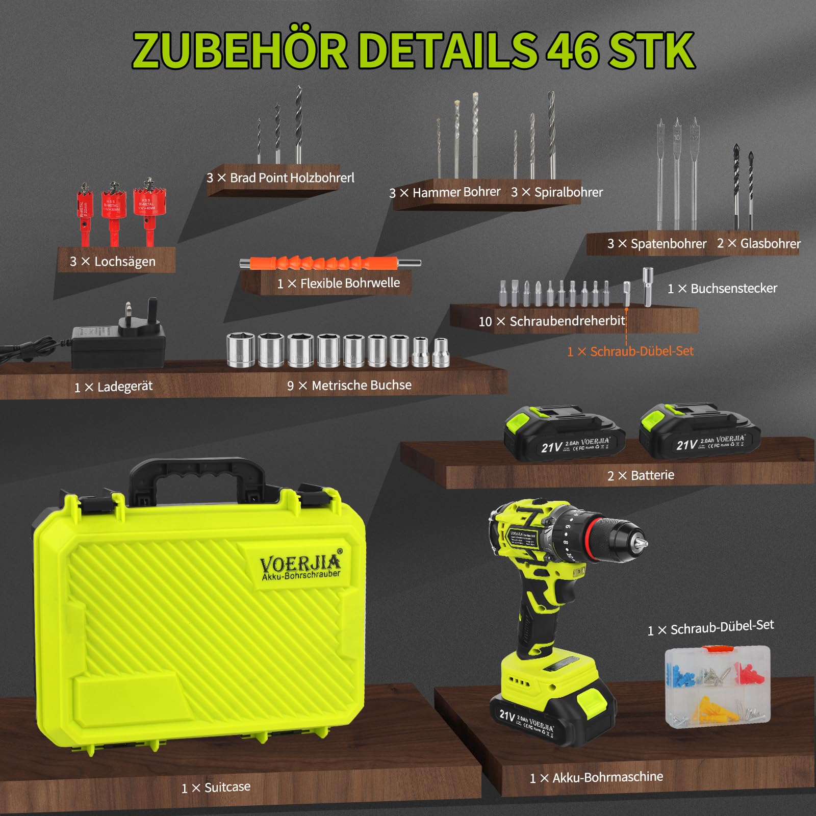 VOERJIA Set avvitatore a batteria, 21 V, trapano a batteria senza spazzole, 2 x 2000 mAh, mandrino 3/8", coppia 20 + 3, trapano max 65 N.m, luci LED e 2 marce, 46
