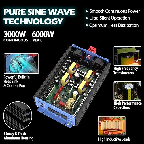 Miniatura 5 de Inversor de onda sinusoidal pura de 3000 vatios Pro, hogar CC 12 V a CA 110 V 120 V convertidor de automóvil con tres enchufes, puerto USB dual,