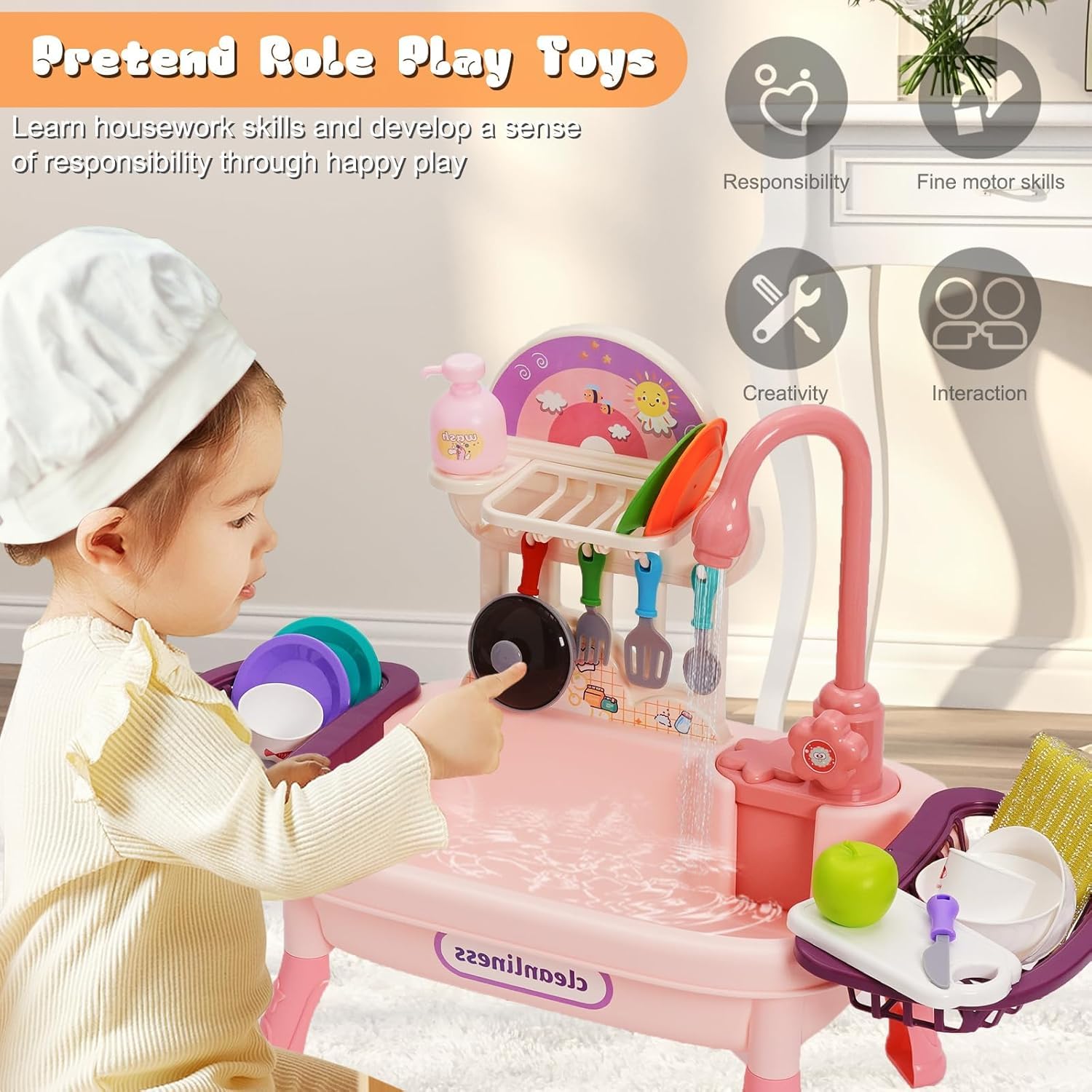 Fregadero Cocina Juguete con Agua,Lavaplatos Eléctrico Playhouse,RECirculación Automática del Agua,Regalo para niños pequeños y niñas 3+