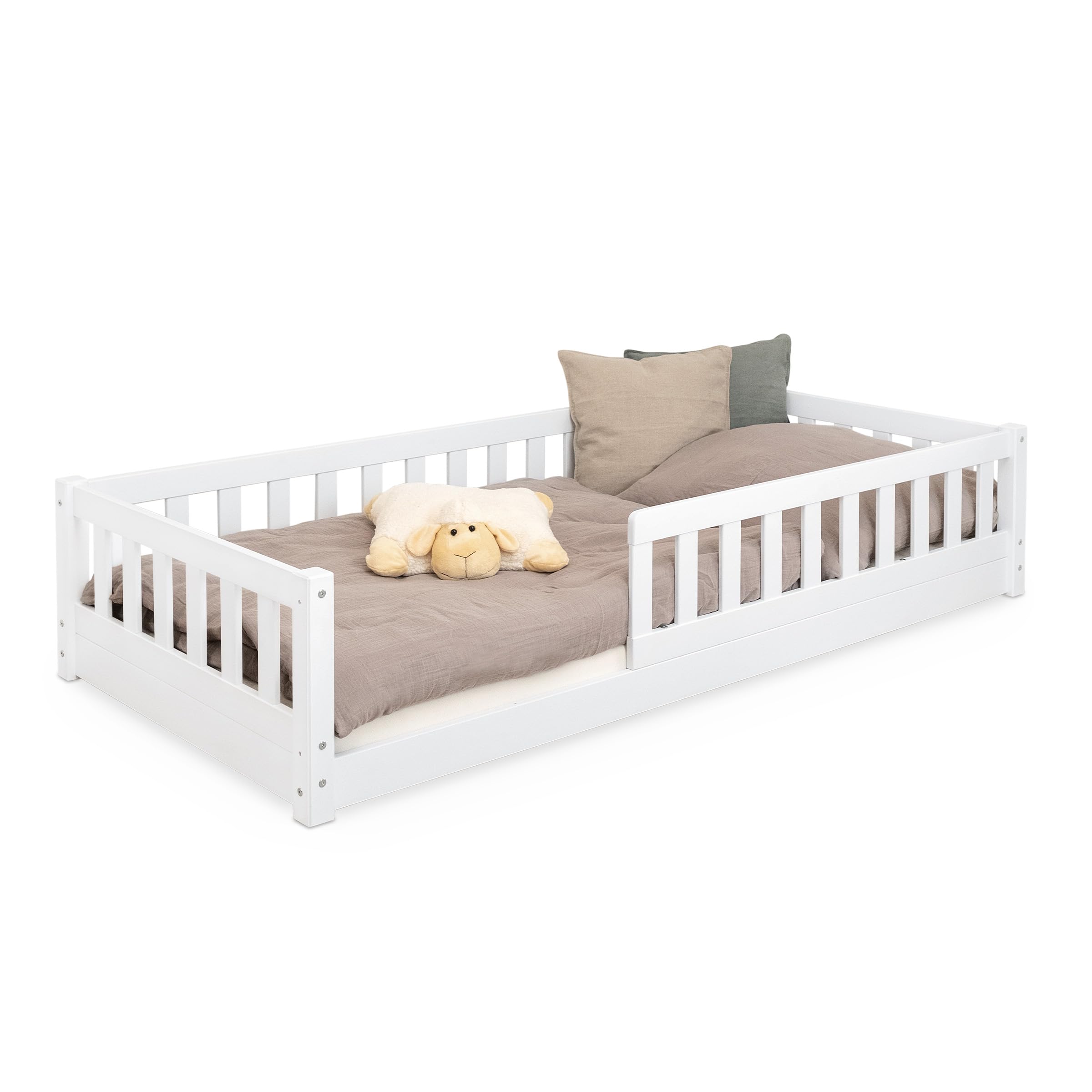 Ehrenkind® Bodenbett Lille | Kinderbett mit abnehmbaren Rausfallschutz aus Massivholz FSC® zertifziert inkl.hochwertigem Lattenrost | Bodenbett 90x200 | Kinderbett 90x200 Weiß