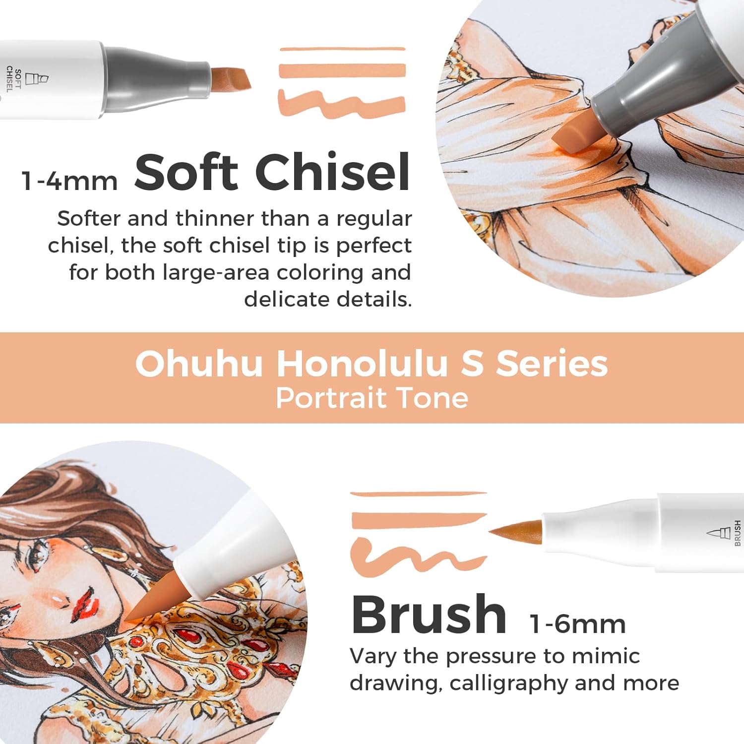 Ohuhu Alcohol Markers: Soft Chisel Red Dot Design Award Winner 24 Skin-color Brush & Soft Chisel Dual Tips Drawing Markers for Artists Beginners Adults Coloring Illustration Sketching - Honolulu S - Image 3