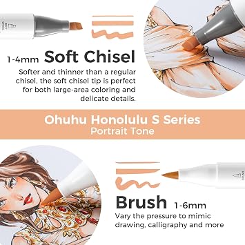 Ohuhu Alcohol Markers 24 Skin Colors Brush Soft Chisel for Portrait Drawing