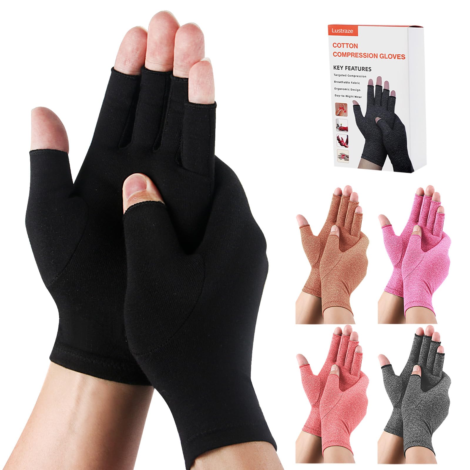 Lustraze 5 Pairs Arthritis Gloves for Women and Men, Pain Relief Compression Gloves Women,Fingerless Breathable Design