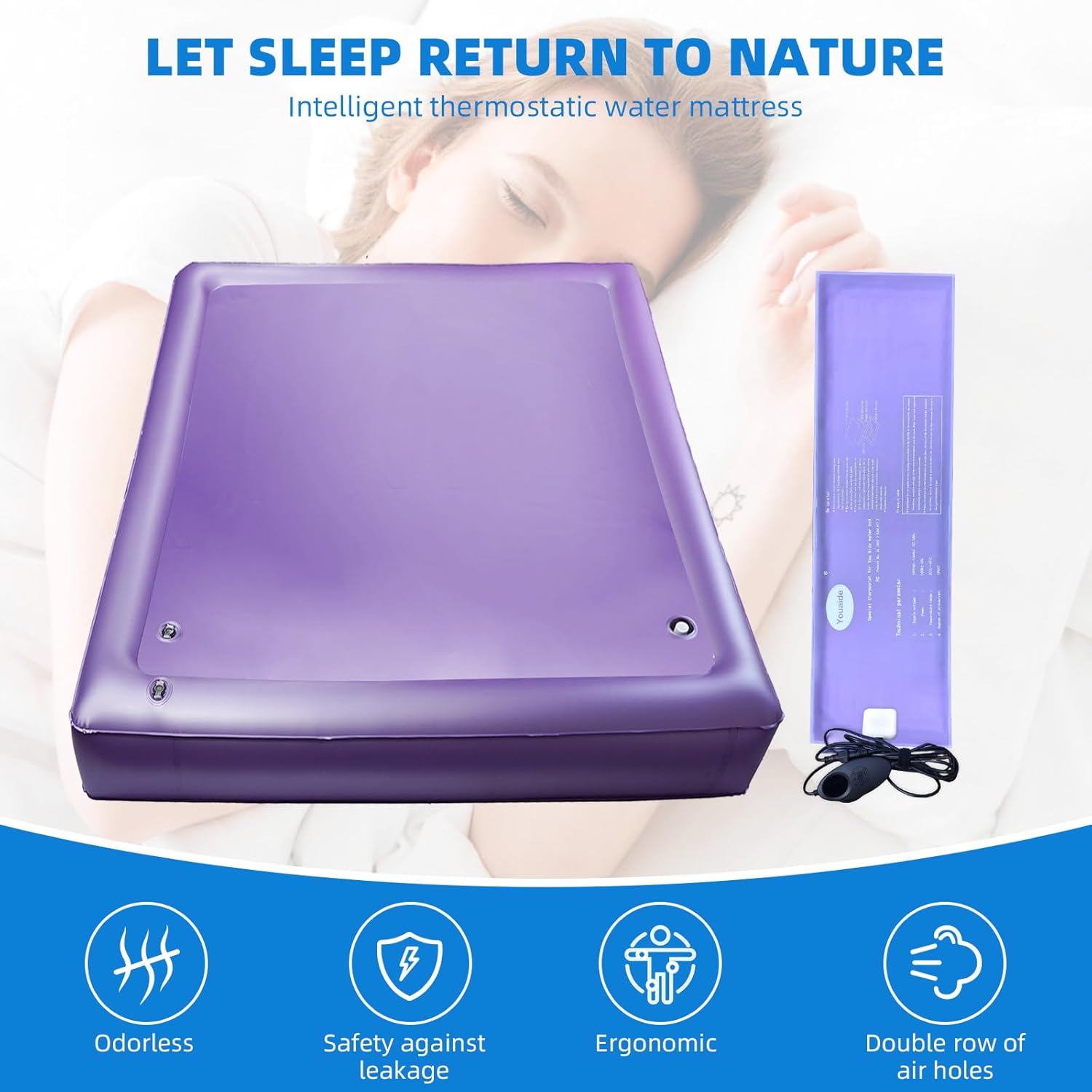 Free Flow Full Wave Water Mattress, Ergonomic Design Durable PVC Water Bed with Water Bed Heater, Water Pipe, & Electric Air Pump, Without Additional Frame (Queen-60" x80")