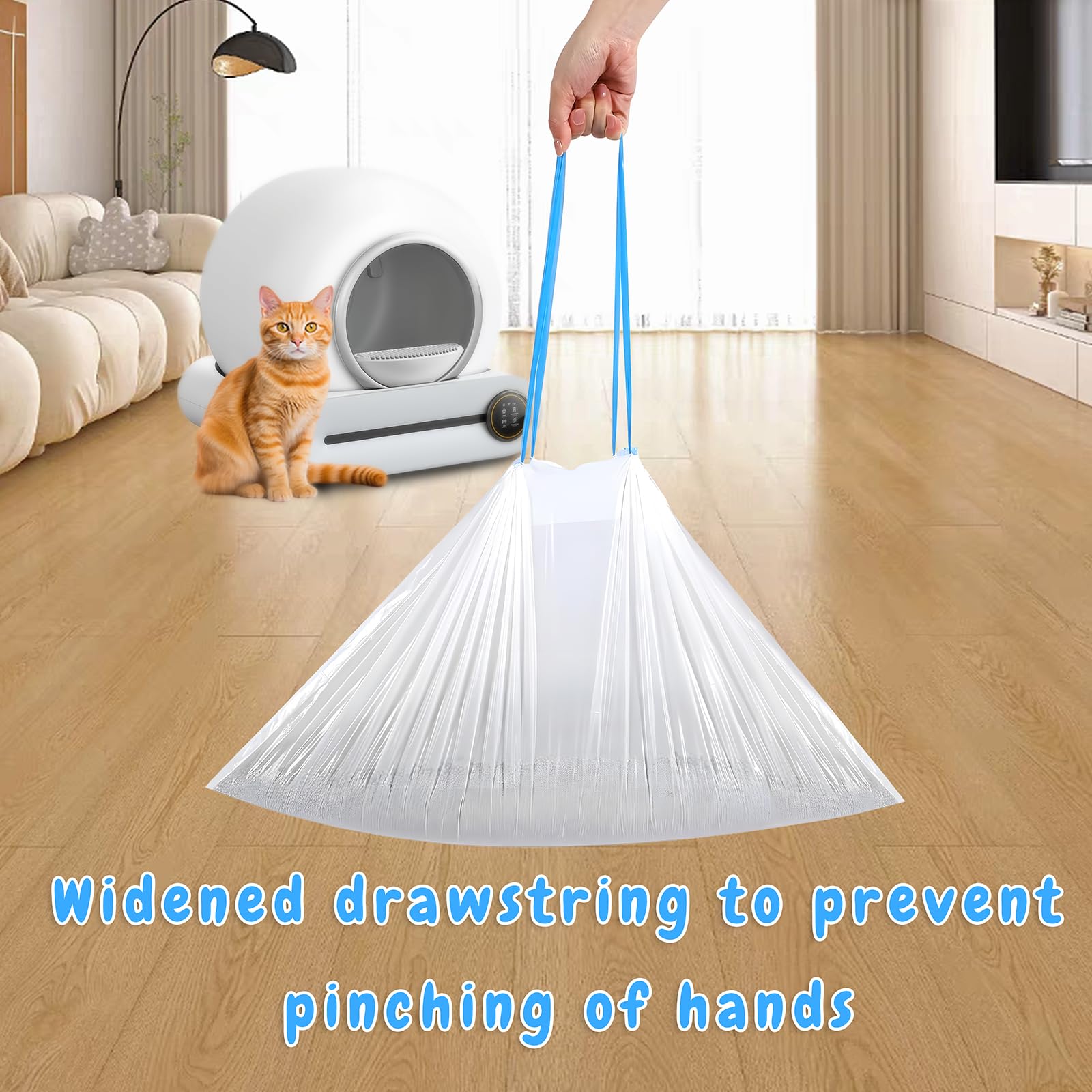 Sacs de Litière pour Chat, Sac Poubelle Litiere Chat avec Cordon de Serrage, Durables, Résistants à Déchirure pour Litiere Chat Autonettoyante 5 Rouleaux 75 Pièces