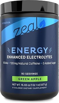 Electrolytes Powder with Caffeine - Enhanced Keto Energy & Hydration Drink Mix - Zero Sugar Electrolyte Powder w BCAAs B-Vitamins Potassium Zinc Magnesium - 90 Servings | Green Apple