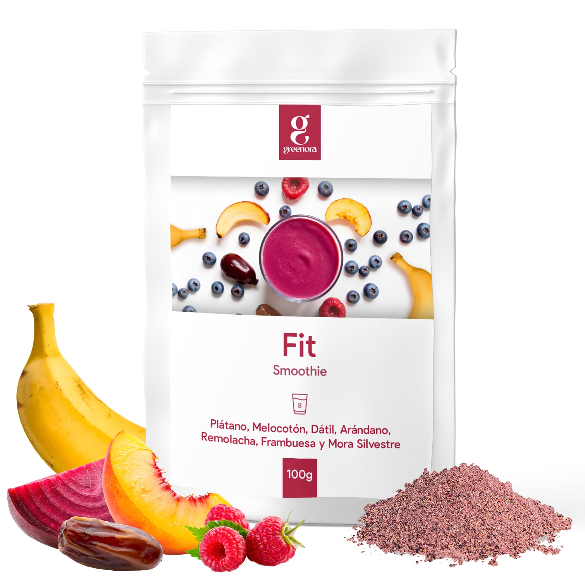 GREENORA Fruta Liofilizada en Polvo de Plátano, Melocotón, Dátil, Arándanos, Remolacha, Frambuesa y Mora, Ideal para Smoothies, Bowls y Recetas, Sin Azúcar, 8 Servicios