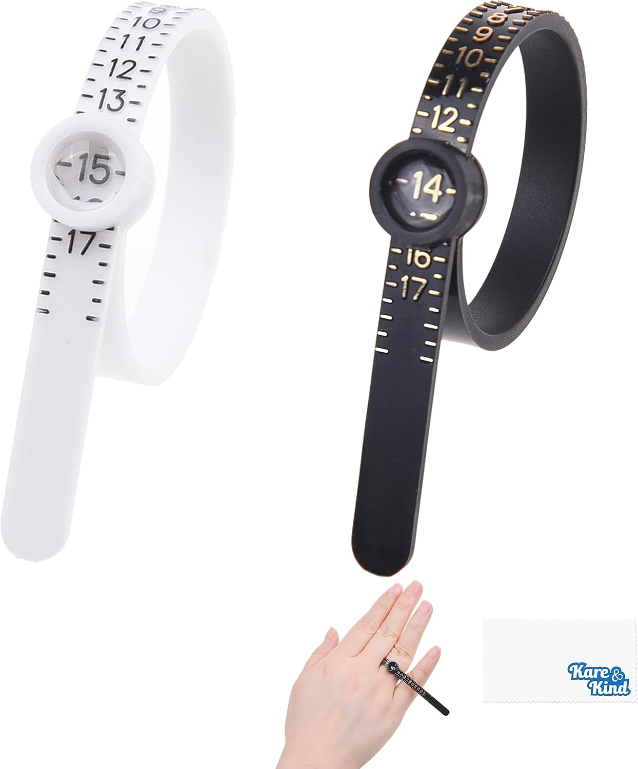 Kare & Kind 2X Ring Sizer Measuring Tool - US Size 1-17 - Measure Finger Size Accurately - Reusable Clear Print with Magnifying Glass - Jewelry, Ring - (Black/White)