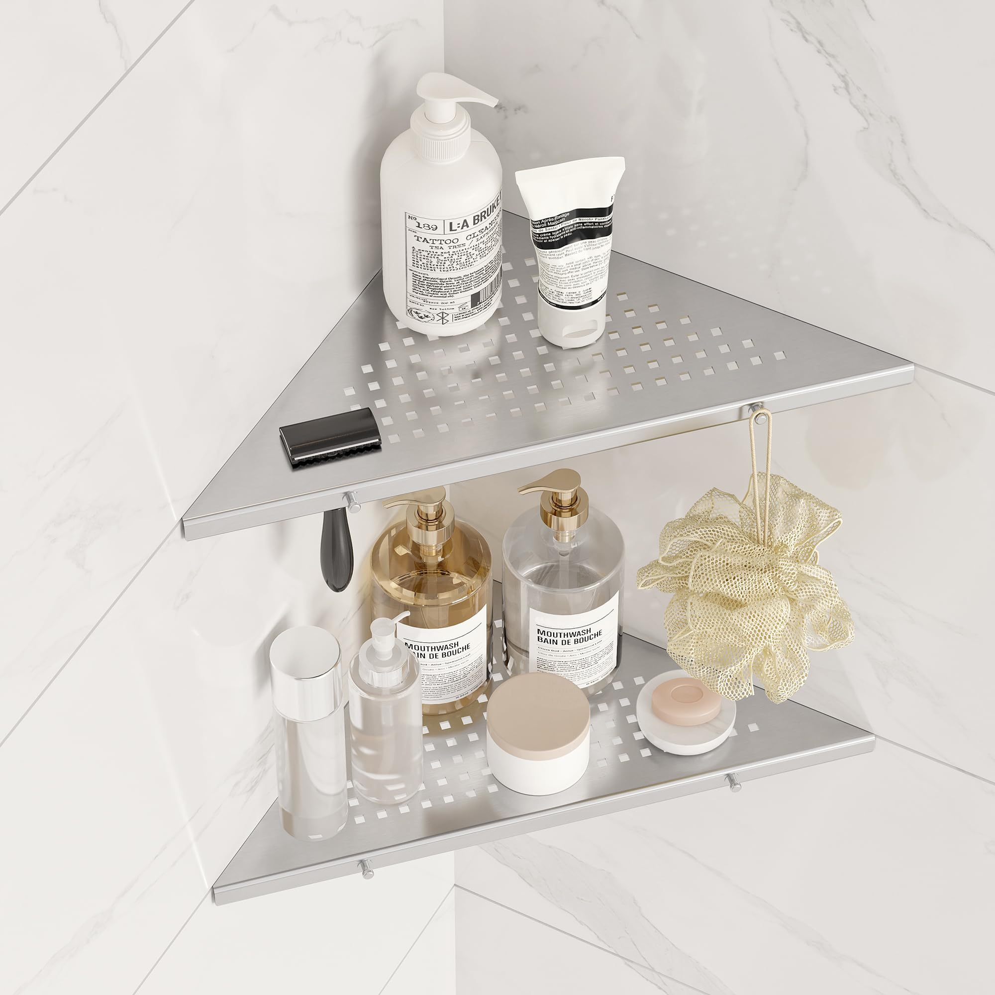 Qeke 10 Bathroom Corner Shelf 2 Pack Recessed Shower Shelf Caddy SUS304 Stainless Steel Shelf Wall Mount Triangular