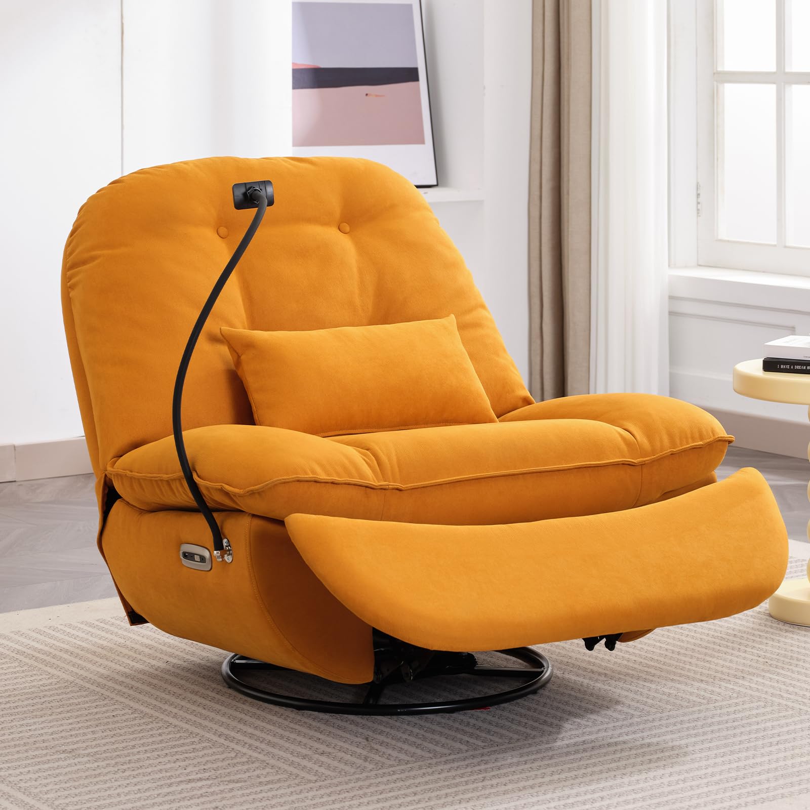 Oversized Recliner Chair, Control Electric Reclining Sofa Living Room Adults Modern Swivel Rocker Glider Chairs for Reading Gaming Nursery Theater Seating (Orange, Fabric)