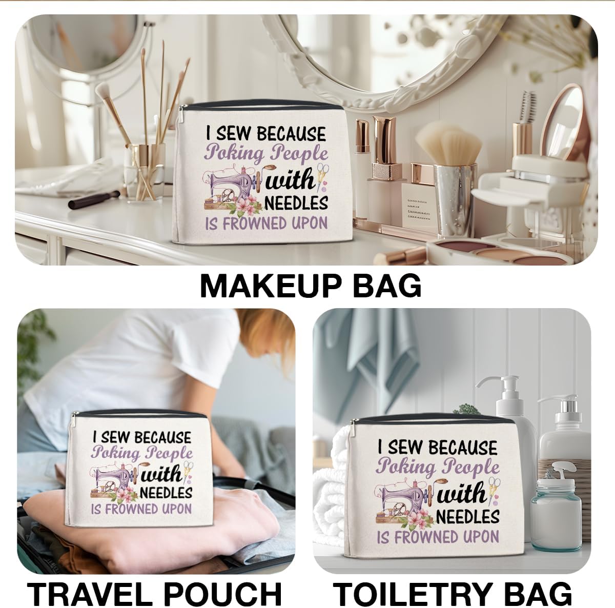 Sewing Gifts Makeup Bag, Hostess Gift for Women Mom Grandma Birthday Christmas, Quilting Gifts for Quilters Sewing Lovers Cosmetic Bag with Zipper Travel Toiletry Makeup Pouch for Purse - Image 6