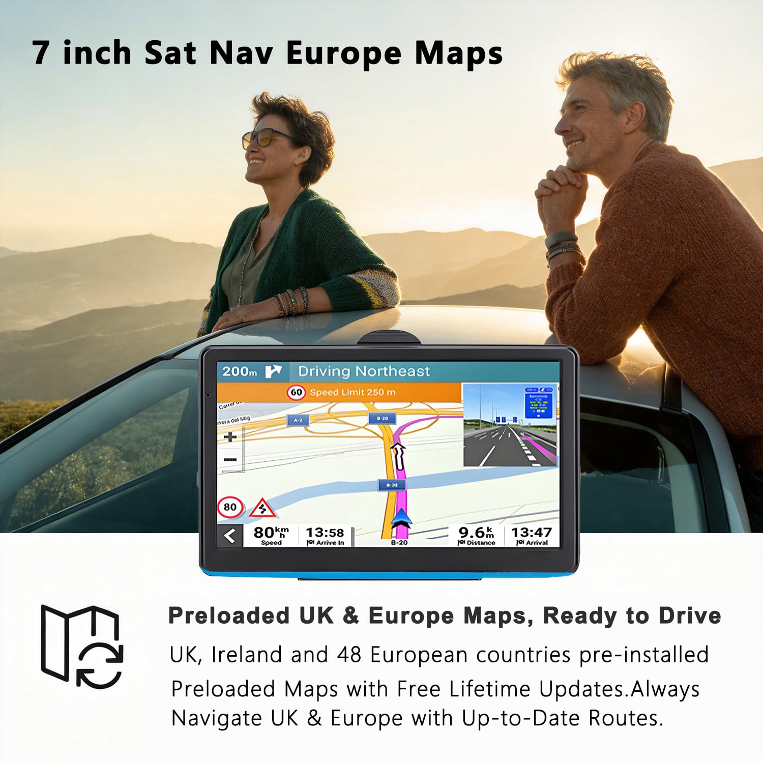 7" GPS Sat Nav for Truck Car RV, Offline Navigation UK & Europe Maps HD Touchscreen, Voice Guidance, Type-C, Sun Visor & Mount, Speed Limit Warnings, Postcode Search Quick GPS Fix — view 2