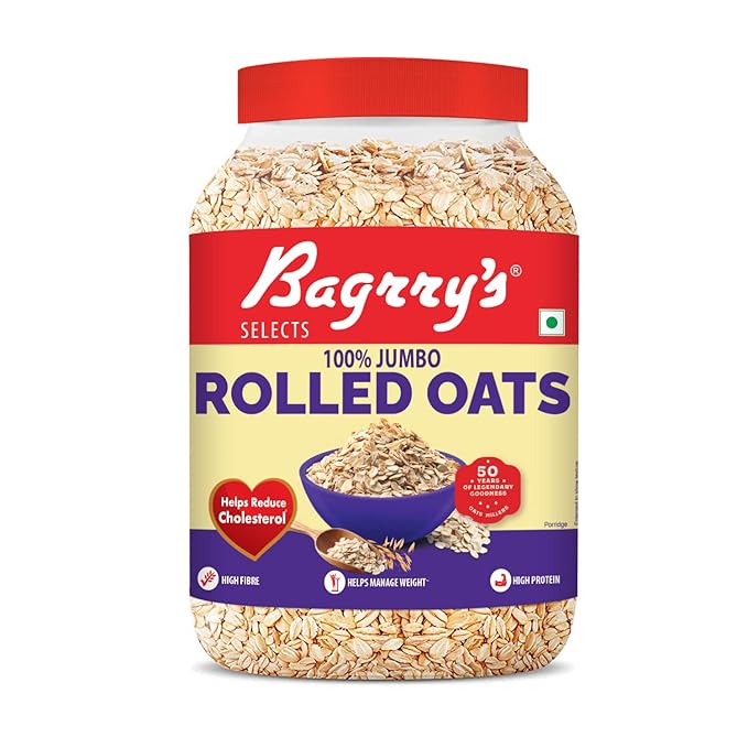 Bagrry’s 100% Jumbo Rolled Oats 1.2kg Jar | Whole Grain Rolled Oats with High Fibre, Protein | Non GMO | Healthy Food with No Added Sugar | Diet food for Weight Management | Premium Rolled Oats | Nutritious & Healthy Breakfast Cereal at Rs. 245
