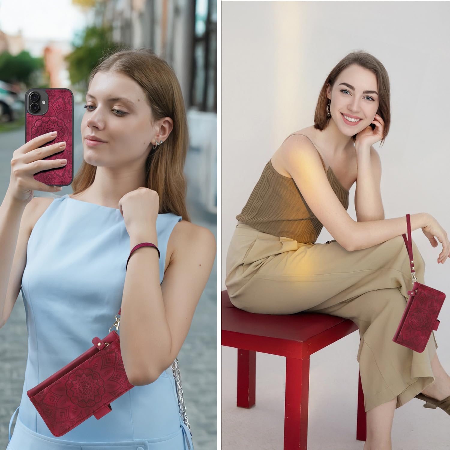 Harryshell for iPhone 16 Plus 6.7 inch Detachable Magnetic Case Wallet,Compatible with Magsafe Wireless Charging, [ RFID Blocking ] Card Slots, Cash Zipper Pocket Wrist Strap (Floral Wine Red)
